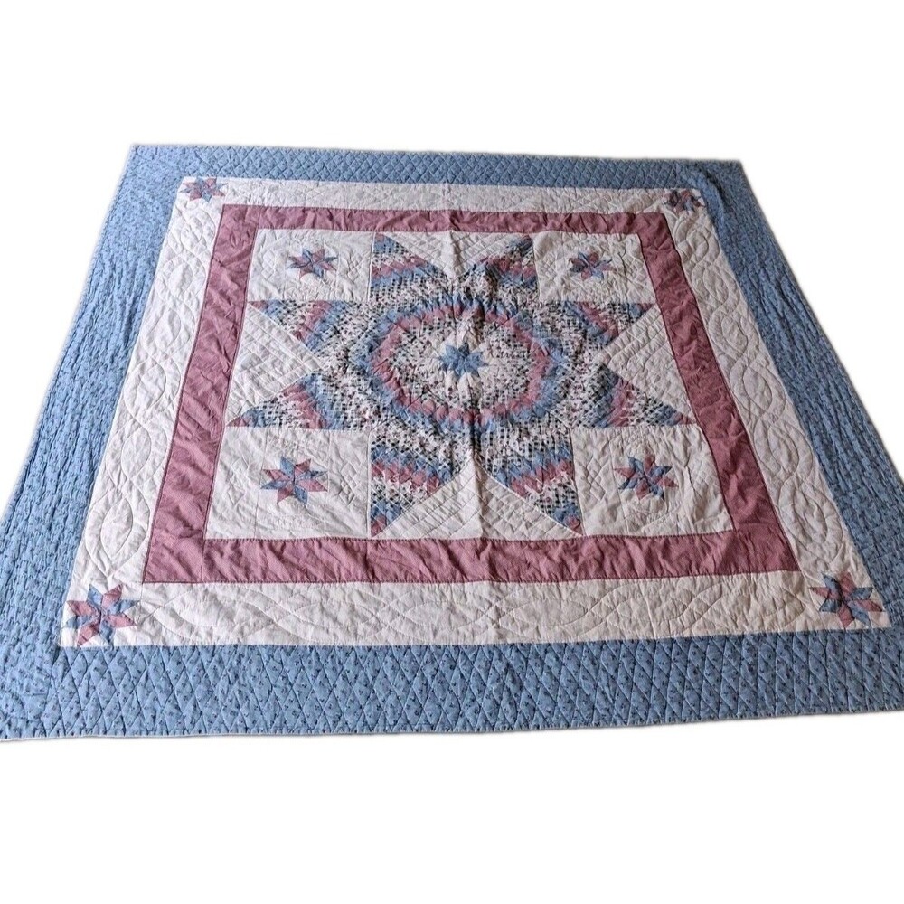Vtg Handmade Sawtooth Star Pink Blue Cotton 83" X 80" Quilt  Blanket Coverlet